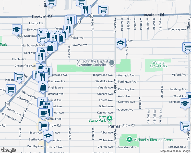 map of restaurants, bars, coffee shops, grocery stores, and more near 5814 Westlake Avenue in Parma