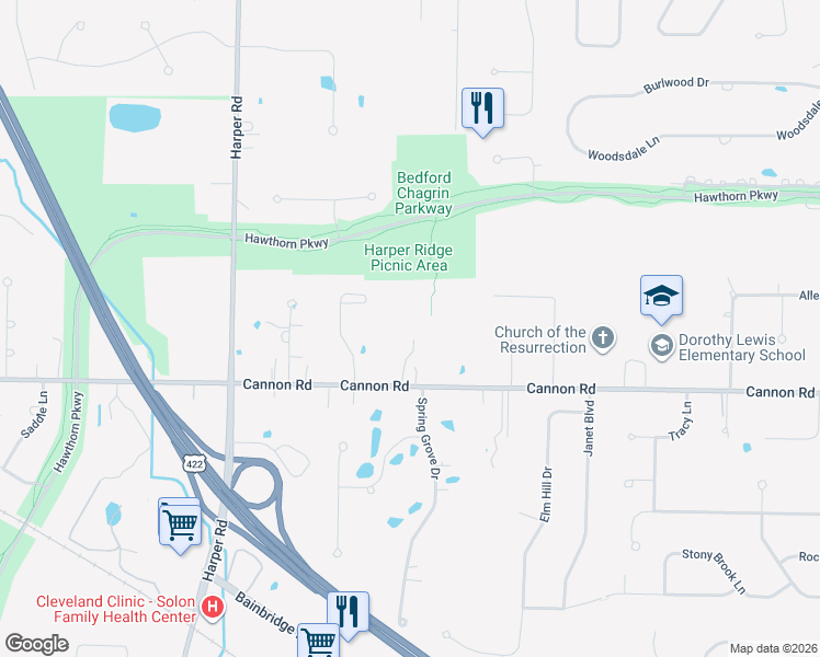 map of restaurants, bars, coffee shops, grocery stores, and more near 30875 Blue Pond in Solon