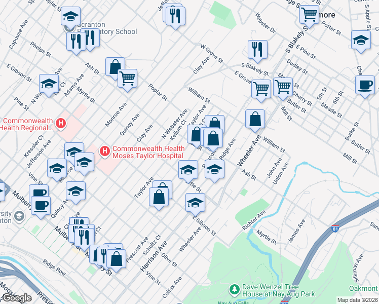 map of restaurants, bars, coffee shops, grocery stores, and more near 929 North Irving Avenue in Scranton