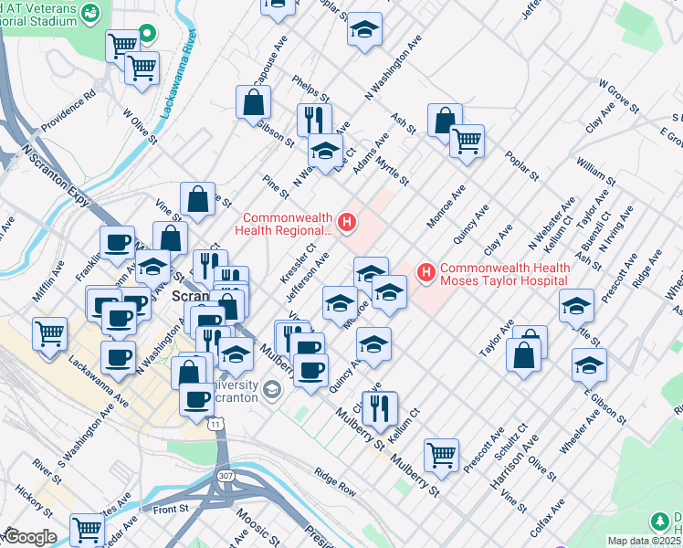 map of restaurants, bars, coffee shops, grocery stores, and more near 608 Madison Avenue in Scranton