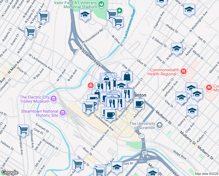 map of restaurants, bars, coffee shops, grocery stores, and more near 317 Linden Street in Scranton