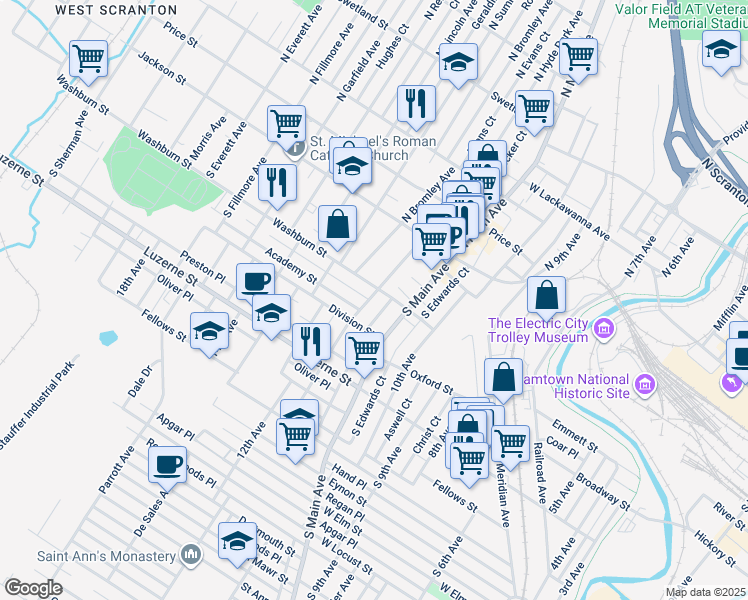 map of restaurants, bars, coffee shops, grocery stores, and more near in Scranton
