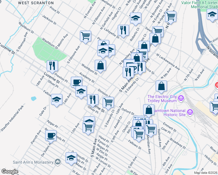 map of restaurants, bars, coffee shops, grocery stores, and more near in Scranton
