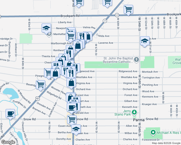 map of restaurants, bars, coffee shops, grocery stores, and more near 6902 Westlake Avenue in Parma