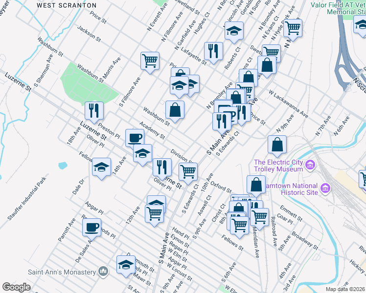 map of restaurants, bars, coffee shops, grocery stores, and more near in Scranton