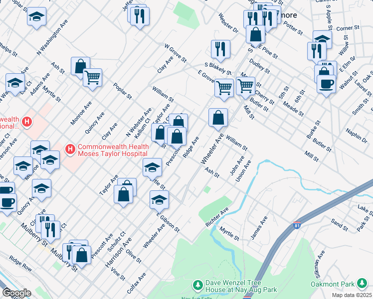 map of restaurants, bars, coffee shops, grocery stores, and more near 1019 Ridge Avenue in Scranton