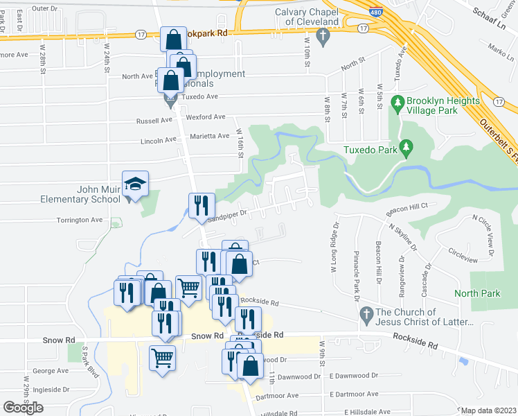map of restaurants, bars, coffee shops, grocery stores, and more near 5583 Storrington Oval in Cleveland
