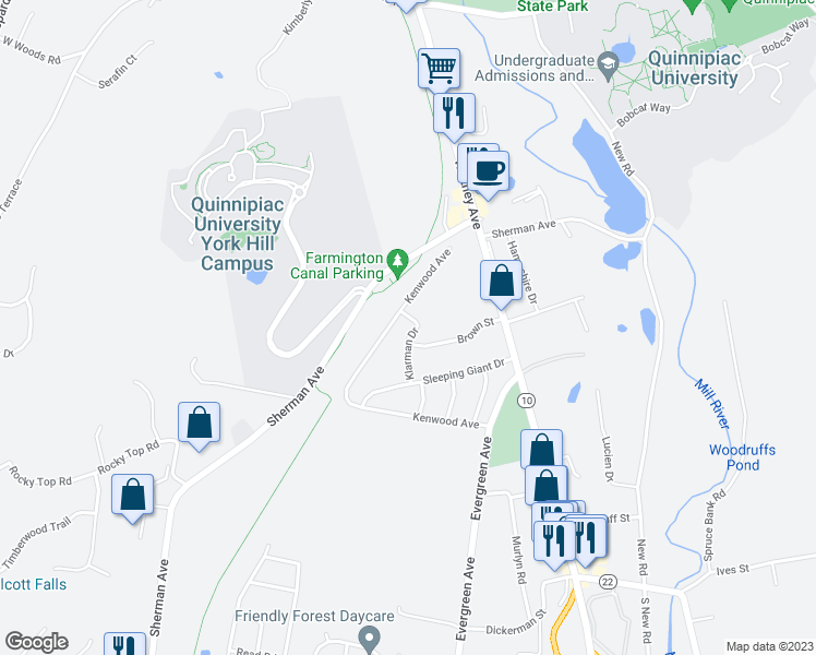 map of restaurants, bars, coffee shops, grocery stores, and more near 58 Klarman Drive in Hamden