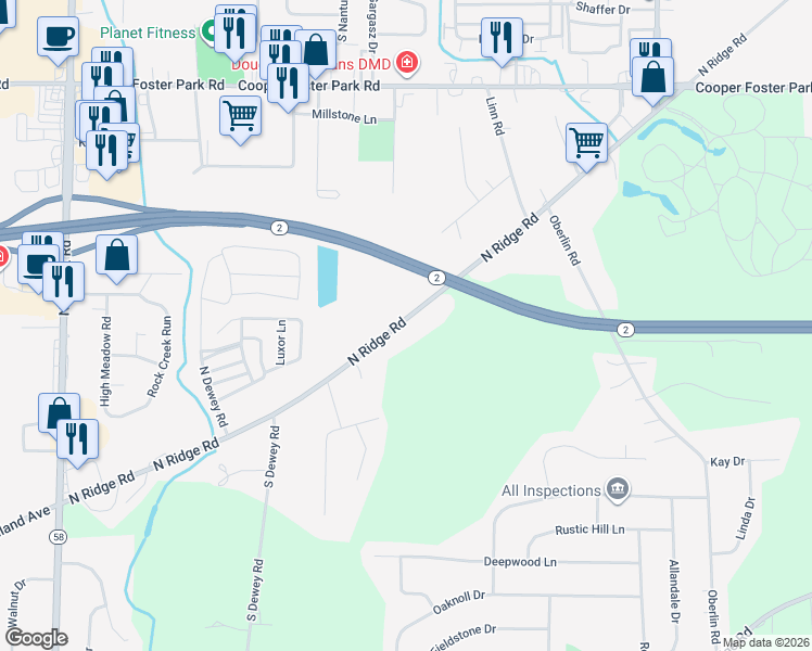 map of restaurants, bars, coffee shops, grocery stores, and more near 45395 North Ridge Road in Amherst