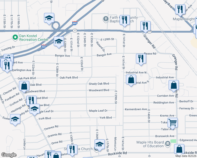 map of restaurants, bars, coffee shops, grocery stores, and more near 13664 Shady Oak Boulevard in Garfield Heights