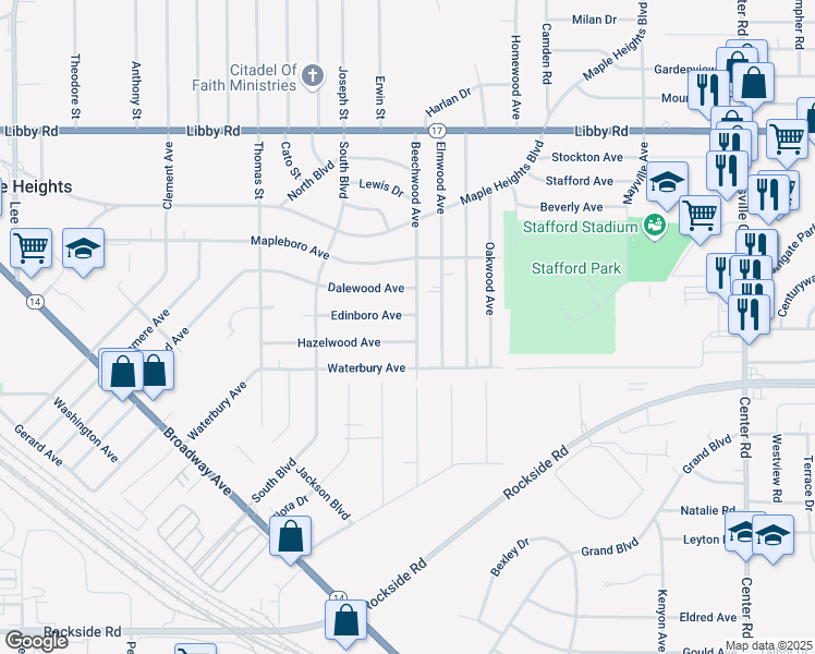 map of restaurants, bars, coffee shops, grocery stores, and more near 5562 Beechwood Avenue in Maple Heights