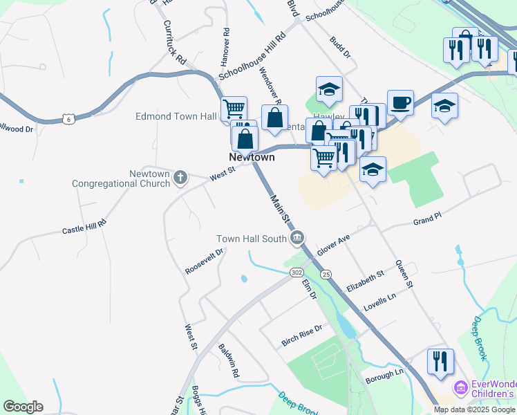 map of restaurants, bars, coffee shops, grocery stores, and more near 15 Main Street in Newtown