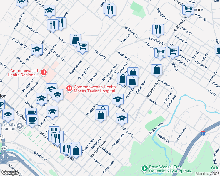 map of restaurants, bars, coffee shops, grocery stores, and more near 900 Taylor Avenue in Scranton