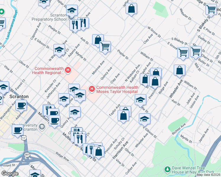 map of restaurants, bars, coffee shops, grocery stores, and more near 801 North Webster Avenue in Scranton