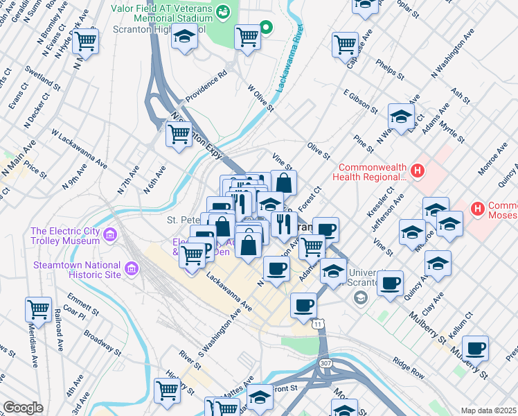map of restaurants, bars, coffee shops, grocery stores, and more near 317 Linden Street in Scranton