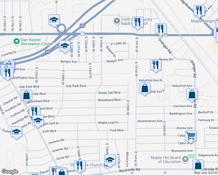 map of restaurants, bars, coffee shops, grocery stores, and more near 13664 Shady Oak Boulevard in Garfield Heights