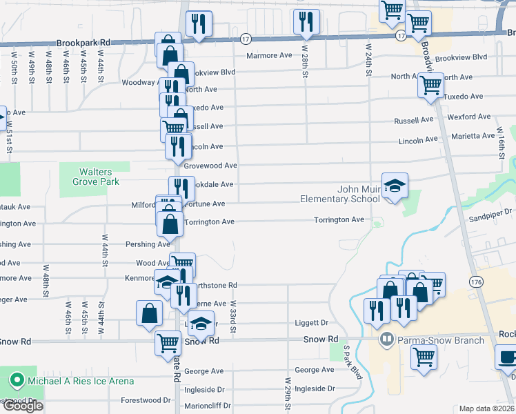 map of restaurants, bars, coffee shops, grocery stores, and more near 3015 Torrington Avenue in Parma