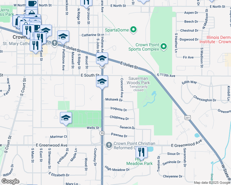 map of restaurants, bars, coffee shops, grocery stores, and more near 467 Concord Avenue in Crown Point