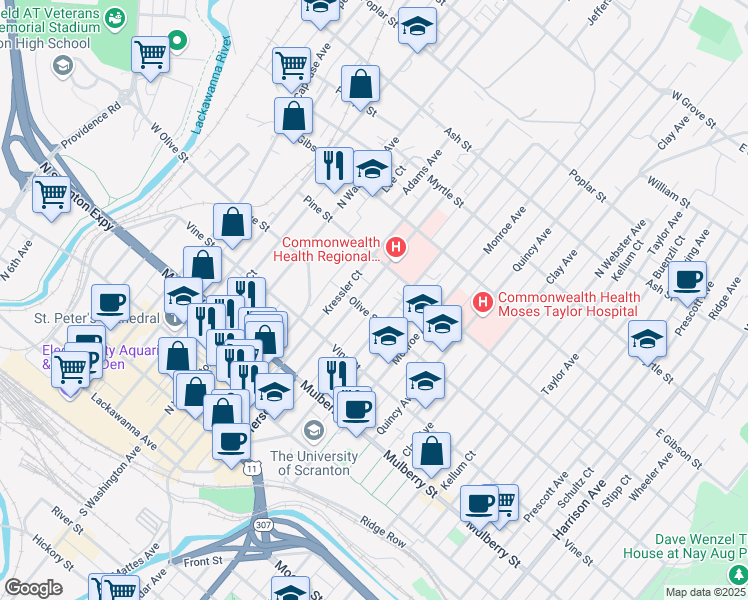 map of restaurants, bars, coffee shops, grocery stores, and more near 612 Jefferson Avenue in Scranton