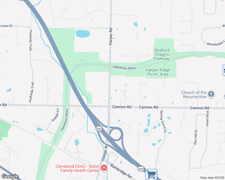 map of restaurants, bars, coffee shops, grocery stores, and more near 5461 Harper Road in Solon