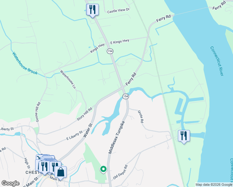 map of restaurants, bars, coffee shops, grocery stores, and more near 90 Water Street in Chester