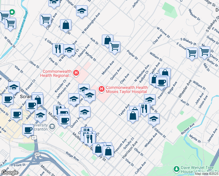 map of restaurants, bars, coffee shops, grocery stores, and more near 1013 East Gibson Street in Scranton