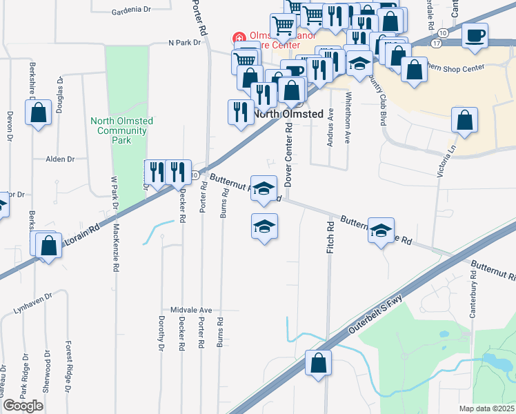 map of restaurants, bars, coffee shops, grocery stores, and more near 27425 Butternut Ridge Road in North Olmsted