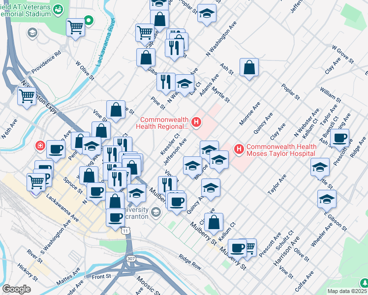 map of restaurants, bars, coffee shops, grocery stores, and more near 612 Jefferson Avenue in Scranton