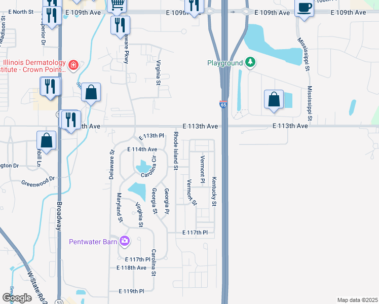 map of restaurants, bars, coffee shops, grocery stores, and more near 11191 Vermont Street in Crown Point