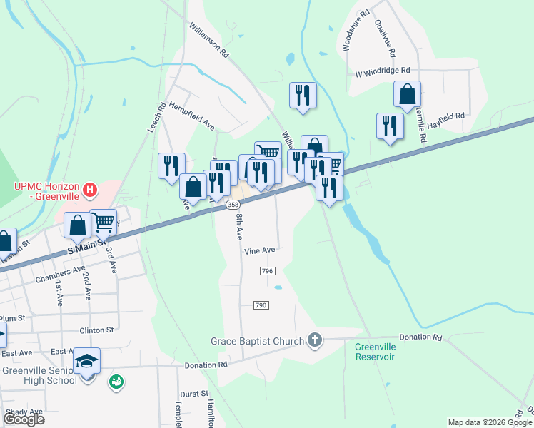 map of restaurants, bars, coffee shops, grocery stores, and more near 47 Pennsylvania 358 in Greenville