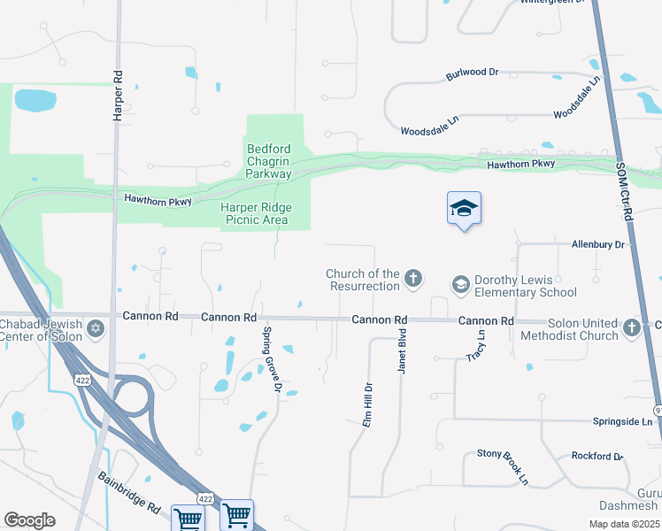 map of restaurants, bars, coffee shops, grocery stores, and more near 31470 Birch Circle in Solon