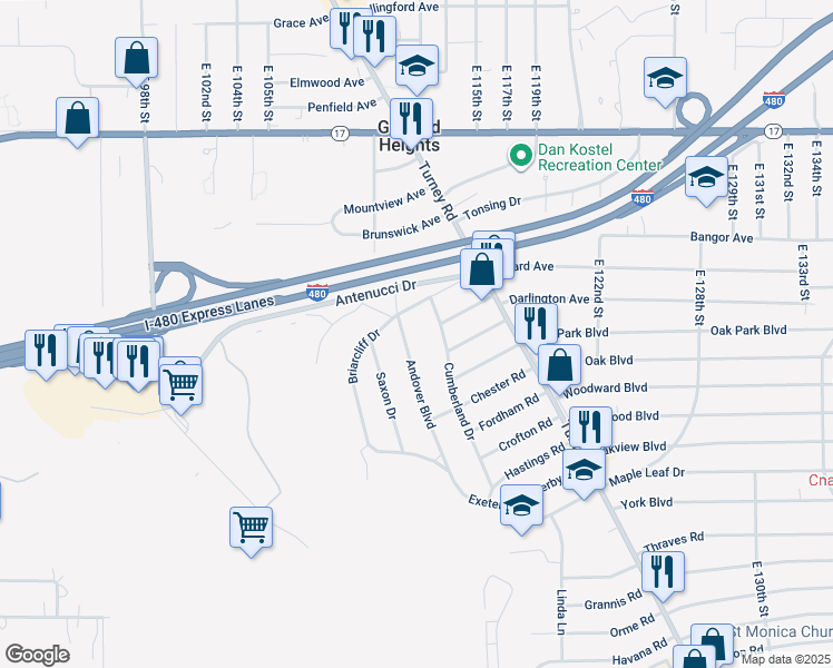 map of restaurants, bars, coffee shops, grocery stores, and more near 5501 Andover Boulevard in Garfield Heights