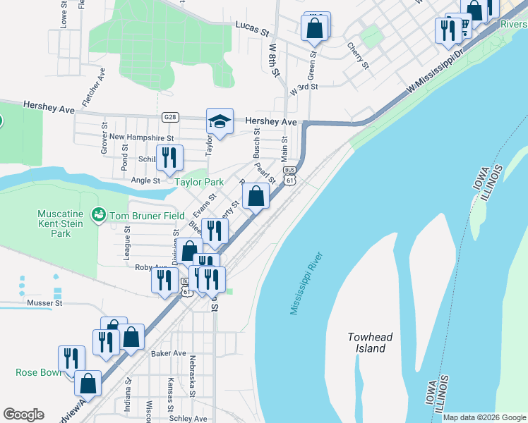 map of restaurants, bars, coffee shops, grocery stores, and more near 404 Grandview Avenue in Muscatine