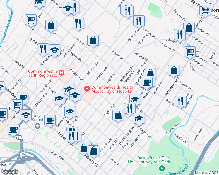 map of restaurants, bars, coffee shops, grocery stores, and more near 914 Clay Avenue in Scranton