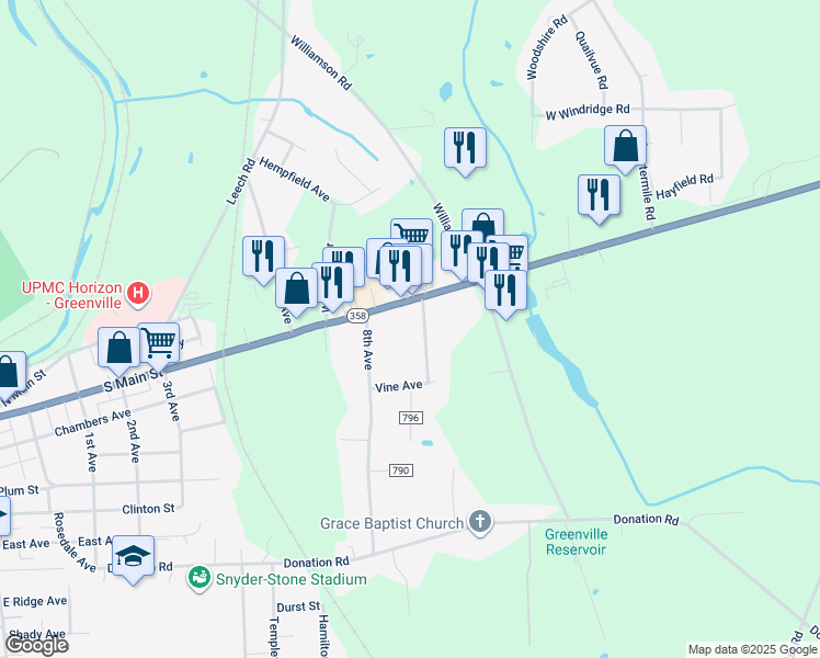 map of restaurants, bars, coffee shops, grocery stores, and more near 47 Pennsylvania 358 in Greenville