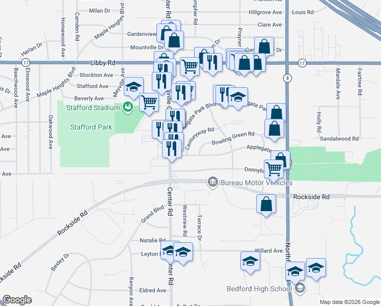 map of restaurants, bars, coffee shops, grocery stores, and more near 20650 Centuryway Road in Maple Heights