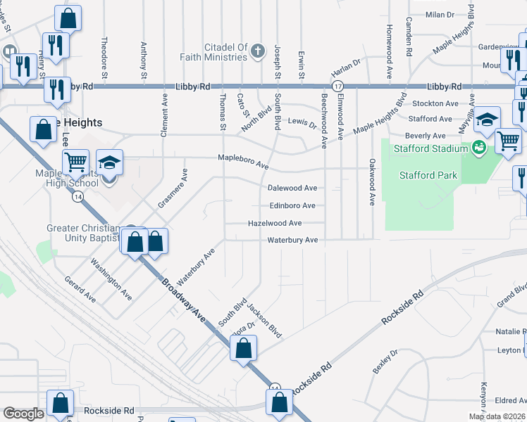 map of restaurants, bars, coffee shops, grocery stores, and more near 18100 Dalewood Avenue in Maple Heights