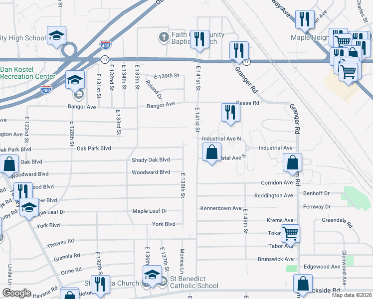 map of restaurants, bars, coffee shops, grocery stores, and more near 5592 East 139th Street in Garfield Heights