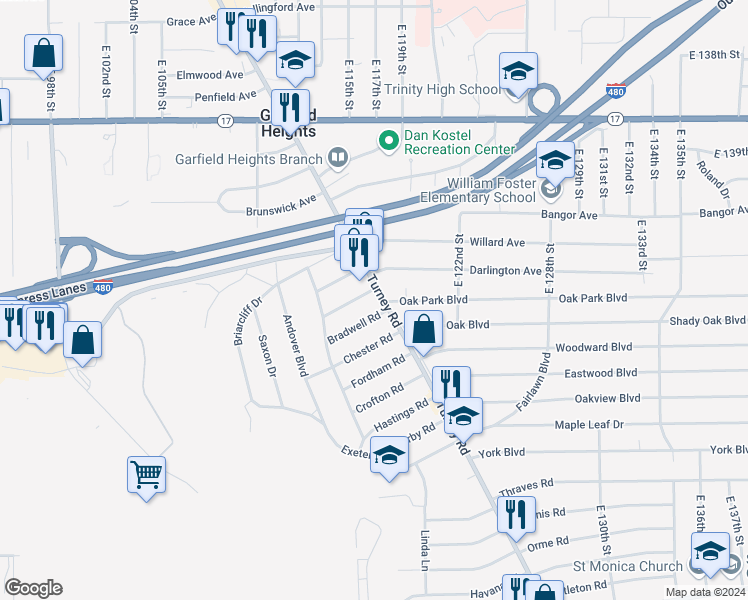 map of restaurants, bars, coffee shops, grocery stores, and more near 5531 Turney Road in Garfield Heights