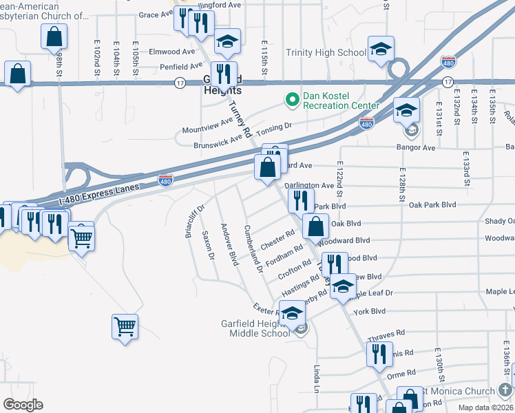 map of restaurants, bars, coffee shops, grocery stores, and more near 5515 Cumberland Drive in Garfield Heights