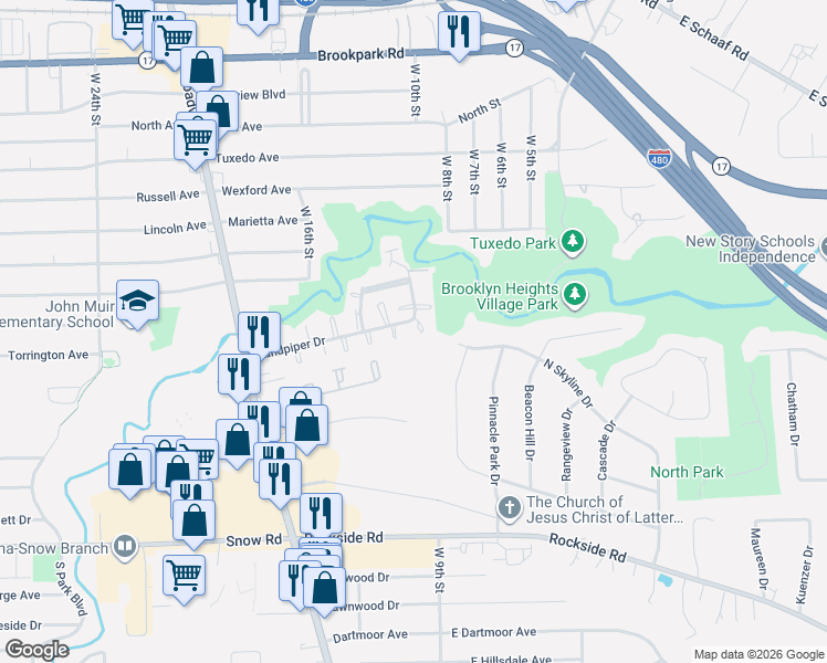 map of restaurants, bars, coffee shops, grocery stores, and more near 5544 Landover Court in Parma