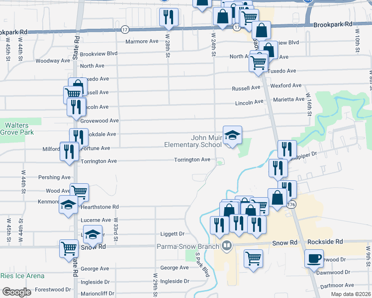 map of restaurants, bars, coffee shops, grocery stores, and more near 2511 Brookdale Avenue in Parma