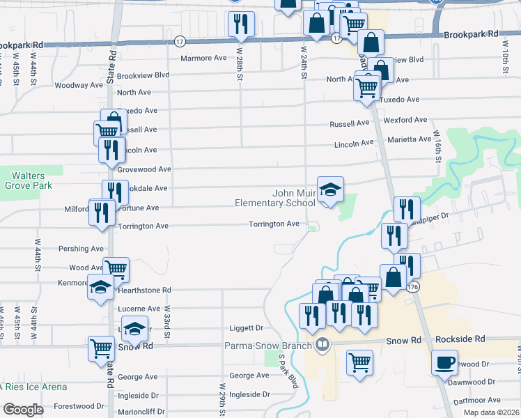 map of restaurants, bars, coffee shops, grocery stores, and more near 2511 Brookdale Avenue in Parma