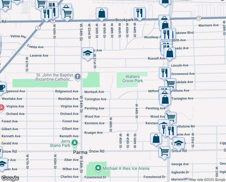 map of restaurants, bars, coffee shops, grocery stores, and more near 5498 Goans Place in Cleveland