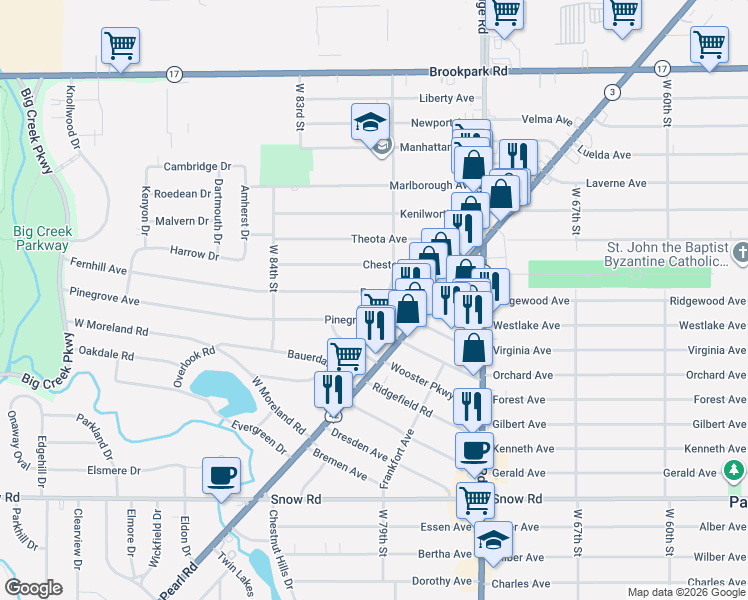 map of restaurants, bars, coffee shops, grocery stores, and more near 7915 Chesterfield Avenue in Parma