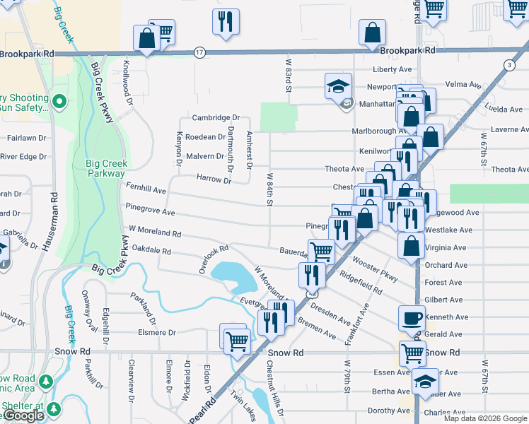 map of restaurants, bars, coffee shops, grocery stores, and more near 8412 Fernhill Avenue in Parma