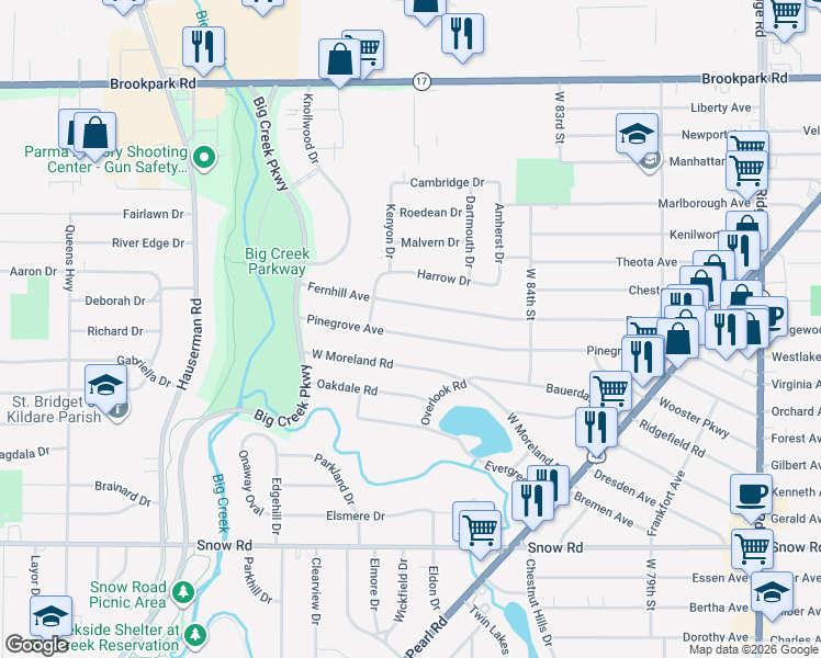map of restaurants, bars, coffee shops, grocery stores, and more near 9203 Fernhill Avenue in Parma