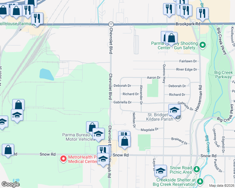 map of restaurants, bars, coffee shops, grocery stores, and more near 5490 Abraham Avenue in Parma