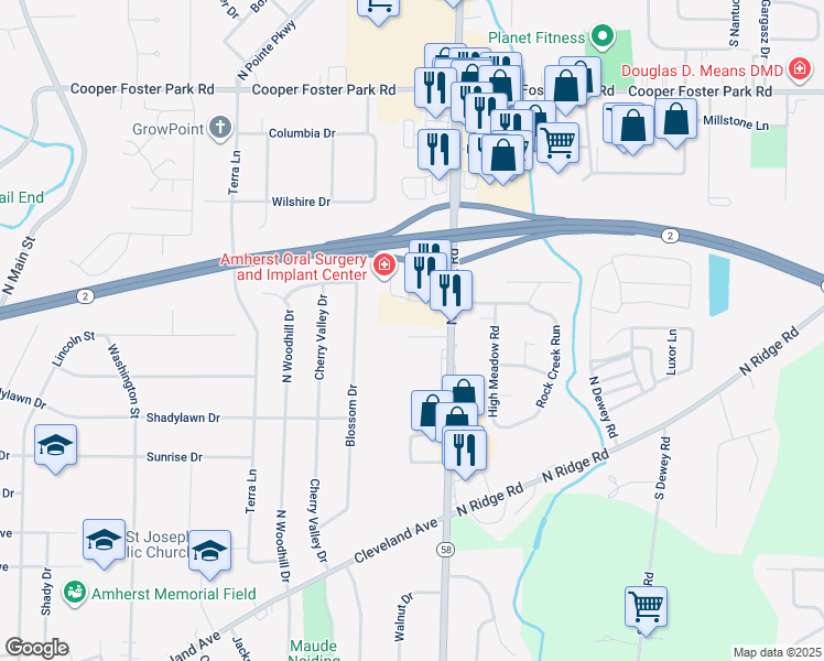 map of restaurants, bars, coffee shops, grocery stores, and more near 510 North Leavitt Road in Amherst