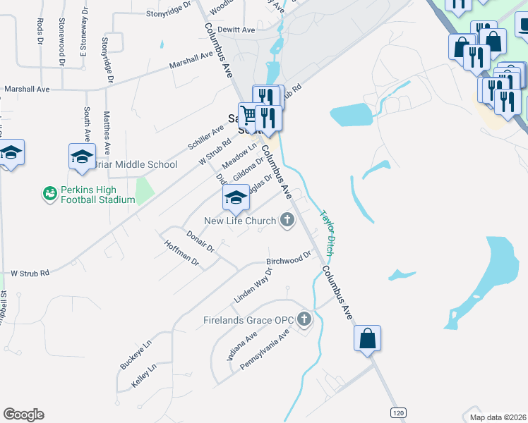 map of restaurants, bars, coffee shops, grocery stores, and more near 204 Douglas Drive in Sandusky